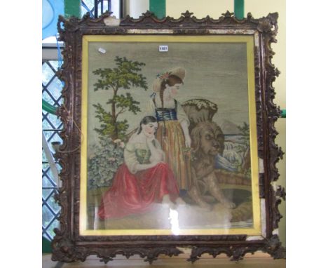 A 19th century hand worked gross and petit point tapestry panel showing two country girls in landscape, accompanied by a very