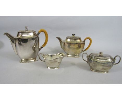 Finnish art deco style four piece tea service comprising tea pot, water pot, milk jug and lidded sucrier, of lobed baluster f