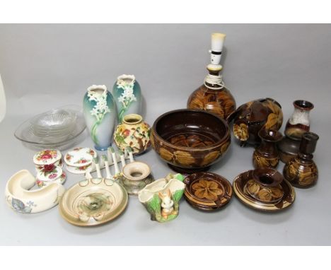A collection of studio pottery wares brown glaze, together with a Skedness pig money bank mark to base Gordon Ottewell, a lam