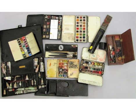 An interesting and comprehensive collection of 19th century and later artists materials including inlaid wooden artists box, 