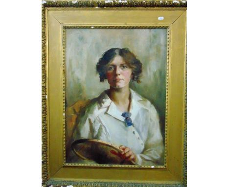 E Turner-Hill (early 20th century English school) - half length portrait of a young woman holding a tennis racket, oil on can