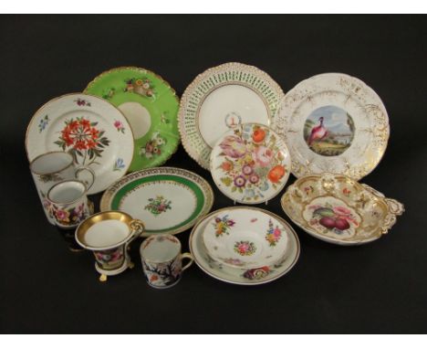 A quantity of 19th century ceramics including a shaped dessert dish with well painted floral and fruit spray and sprigs, a fu