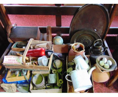 A large mixed lot of house hold miscellany and kitchenalia to include a pair of baluster terracotta slipware jugs, brass alms