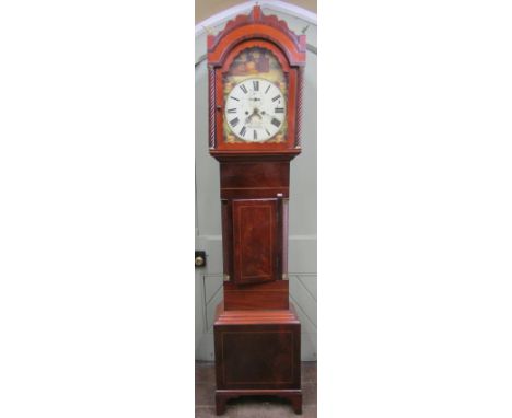 An early 19th century mahogany long case clock, the case with geometric marquetry inlaid detail, the hood enclosing a painted
