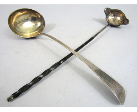 George III silver soup ladle, maker Richard Crossley, London 1804, 32cm long, 6oz approx; together with a further horn handle