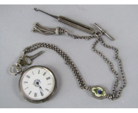 19th century silver Swiss made fob watch, the enamel dial with a floral spray, upon a silver watch chain fitted with an ename