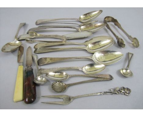 A mixed collection of Georgian and later silver flatware to include bright cut spoons, tablespoons, teaspoons, etc