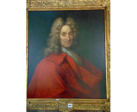 18th century school - Bust length portrait of a man in wig and red cloak, oil painting on canvas, 70 x 61 cm, framed