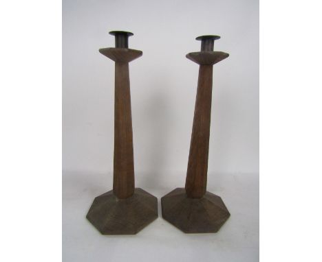 Pair of arts and crafts type light oak, faceted. baluster candlesticks, 42cm high (2)