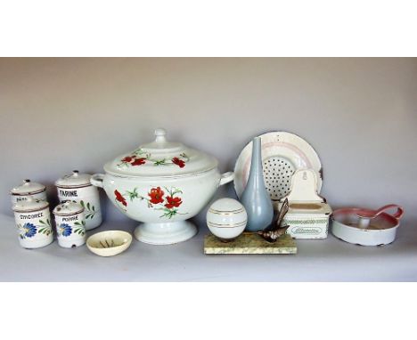 A large collection of good French enamel to include a twin handle lidded tureen with painted floral sprays, a graduated colle