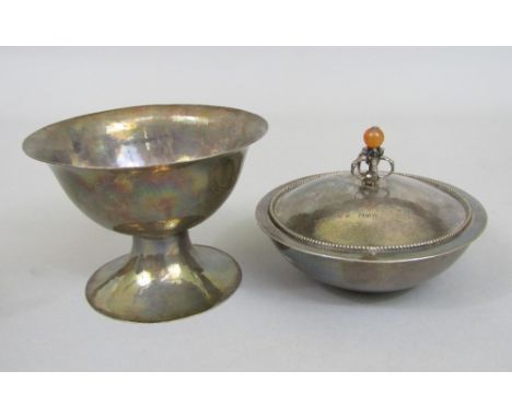 Guild of Handicrafts silver lidded dish and pedestal bowl by Charles Robert Ashbee, the lidded dish with hammered finish and 