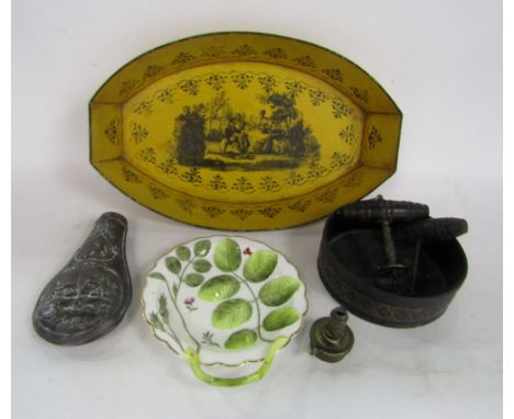 A mixed lot to include a tolware tray, an embossed copper powder flask, two cork screws, a lacquer work wine coaster, etc