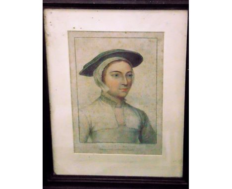 Francesco Bartolozzi (1728-1815), after Hans Holbein the younger, half length portrait of a lady, coloured engraving, publish