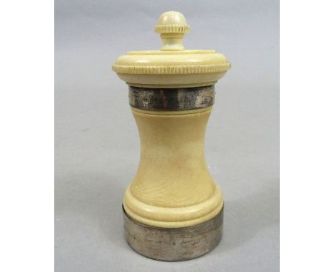 1920s ivory and silver bound pepper grinder, London 1920, makers marks worn, 11cm high