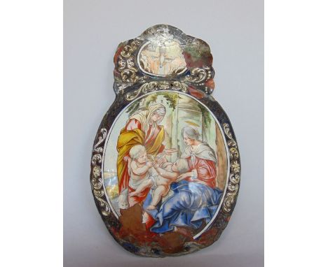 Early antique French Limoges enamel panel, centrally decorated with a couple in robes and children, under a further panel of 