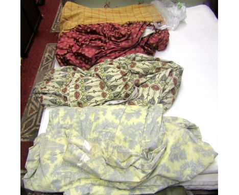 A pair of lined curtains with art nouveau Glasgow school style foliate design, together with three further pairs of varying d