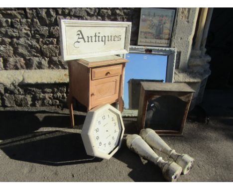 A small 19th century mahogany glazed wall cabinet, a French marble top bedside cupboard, a Lepaute Electrique wall clock of h