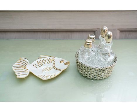 A contemporary Italian silver cruet stand by Italia Sacchi, formed of a woven silver basket with conforming silver topped bot