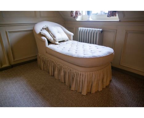 An French style deep button upholstered Duchesse with pleated fabric valence and two scatter cushions. 157cm long x 73cm wide