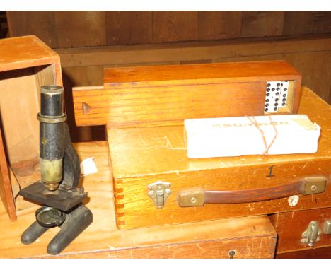 2 Boxes of dominoes together with 3 wooden boxes &amp; cased microscope 