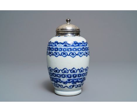 A Chinese silver-mounted blue and white tea caddy, Kangxi: H.: 20,5 cm  Provenance: With a label on the base for Catherine Hu