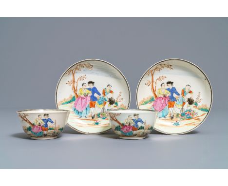 Two fine Chinese famille rose 'European subject' cups and saucers, Qianlong: Dia.: 8 cm - H.: 4 cm (the cups)Dia.: 12 cm (the