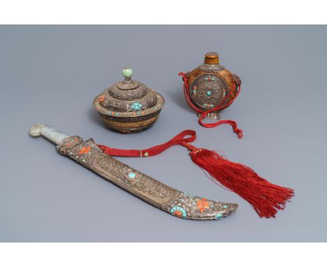 A Tibetan inlaid silver sword with jade hilt, a covered bowl and a flask, 19th C. ----- L.: 58 cm (the sword and scabbard) H.