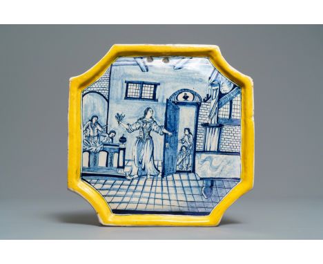 A Dutch Delft blue and white yellow border 'tobacco shop' plaque, 18th C.: Dim.: 25 x 24,5 cm  Note the presence of a (probab