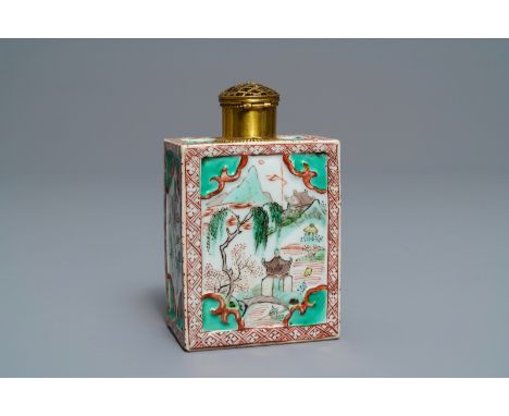 A Chinese famille verte relief-decorated tea caddy, Kangxi: Dim.: 13 x 8 x 5 cm  -----  Condition reports and high resolution