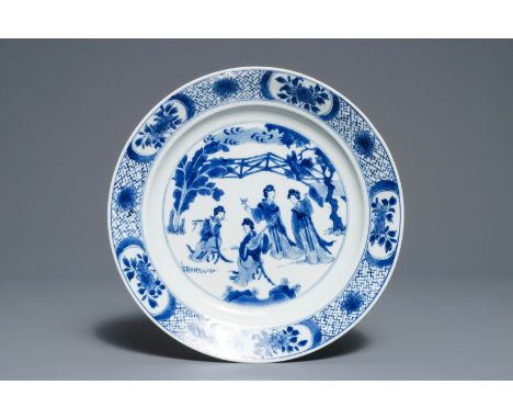 A Chinese blue and white dish with 'Long Eliza' playing music, Kangxi: For the mark, see: Gerald Davison, The New and Revised