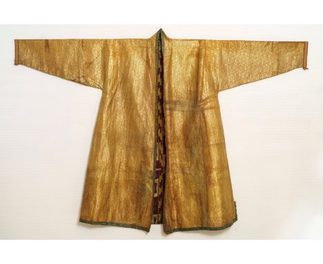 An Ottoman ikat silk and gold brocade chapan coat, Dagestan or Uzbekistan, 19th C.: Dim.: 201 x 142 cm  -----  Condition repo