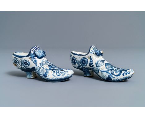 A pair of Dutch Delft blue and white models of shoes, Friesland, Bolsward, 2nd half 18th C.: L.: 14 cm - H.: 6,5 cm  Provenan