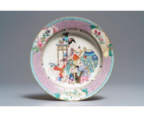 A fine Chinese famille rose 'ruby back' eggshell plate with a lady with three boys, Yongzheng: Dia.: 21 cm  -----  Condition 