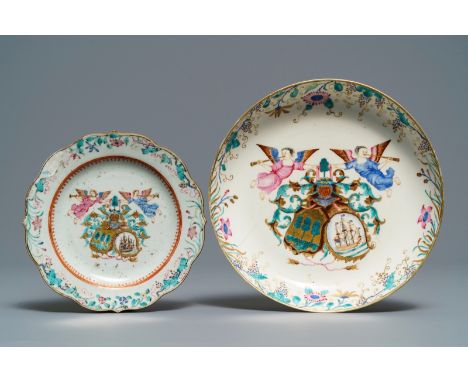 Two Chinese famille rose Dutch market armorial plates, arms of Rijzik and Schippers accolŽ, Qianlong: Dia.: 20,5 - 16 cm  Jac