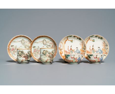 Two pairs of fine Chinese famille rose cups and saucers, Yongzheng/Qianlong: Dia.: 11,5 cm (the largest saucers) L.: 8 cm - H