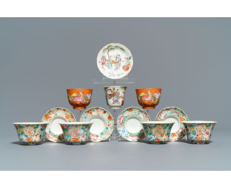 Five sets of Chinese famille rose cups and saucers and a pair of cups with horses, 19/20th C. ----- Dia.: 10,5 - H.: 6,5 (the