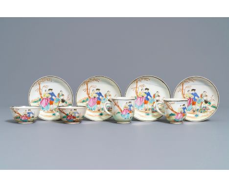 Four fine Chinese famille rose 'European subject' cups and saucers, Qianlong: L.: 8,5 cm - H.: 6 cm (the ear cups)Dia.: 12 cm