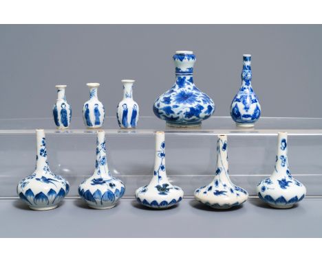 Ten fine Chinese blue and white miniature vases, Kangxi ----- H.: 8,5 cm (the tallest vase)  Provenance: - The lotus scroll b
