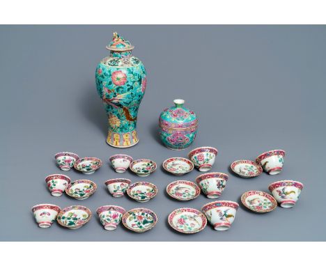 A collection of Chinese famille rose Peranakan or Straits market cups and saucers and a vase, 19th C. ----- H.: 5 cm - Dia.: 