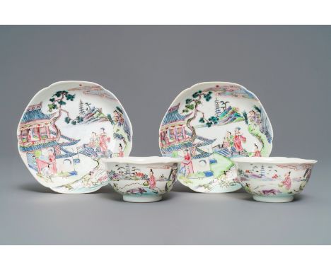 A pair of Chinese famille rose cups and saucers with figures in a landscape, Yongzheng: H.: 4 cm - L.: 9 cm (the cups)Dia.: 1