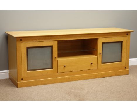 Light oak side cabinet/television stand, two glazed doors and drawer, W180cm, H69cm, D53cm