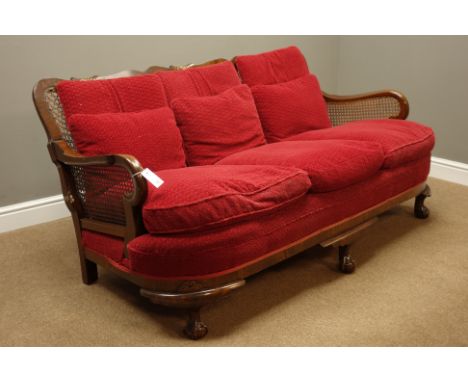 Mid 20th century walnut bergère lounge suite comprising of - three seat sofa (W172cm), and pair matching armchairs (W68cm), s