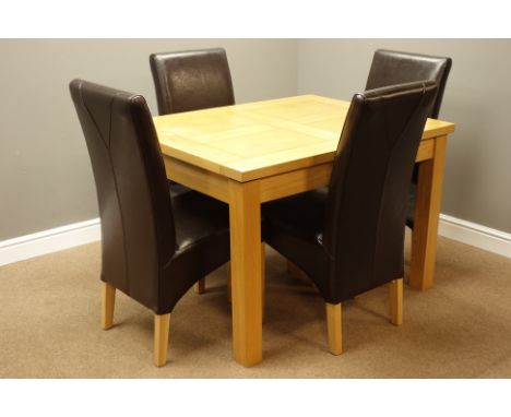 Light oak rectangular dining table with leaf (H79cm, 91cm x 120cm - 160cm), and four high back leather chairs   Condition Rep