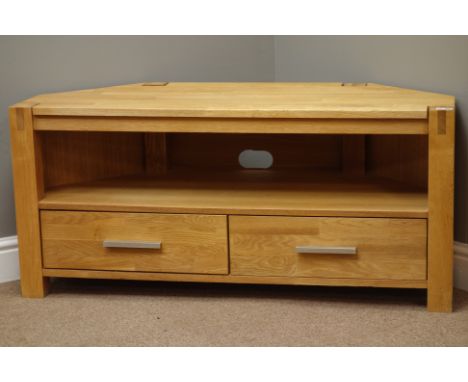 Light oak corner television stand with two drawers, W111cm, H50cm   Condition Report   Click here for further images, conditi