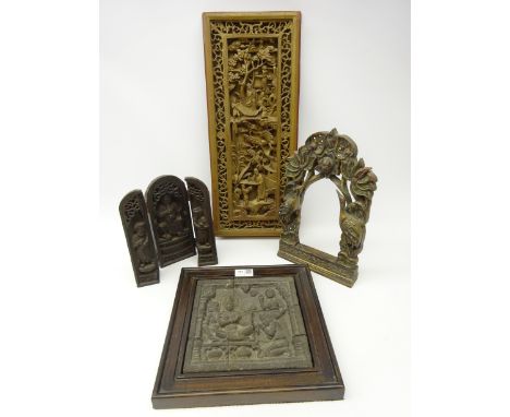 Cantonese gilt wood wall panel carved with figures, H53cm, carved gilt frame, Chinese three god statue & a 'Borobudur' relief