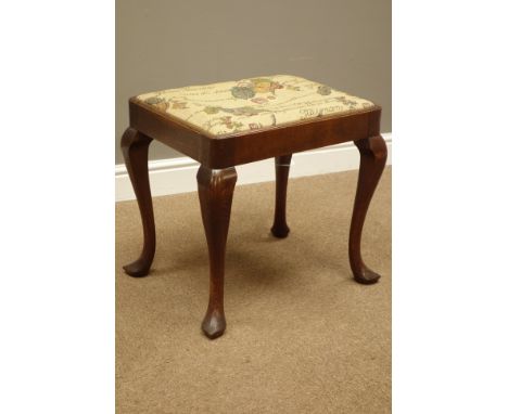 20th century oak rectangular stool, cabriole legs with pointed pad feet, upholstered drop in seat cushion    Condition Report