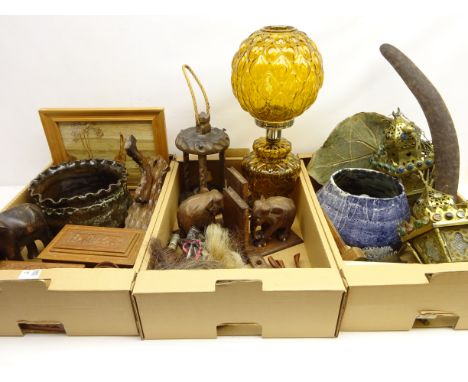 Vintage oil lamp with amber glass shade, studio pottery planters, Eastern brass lanterns, onyx carved eggs & trinket box, Ind
