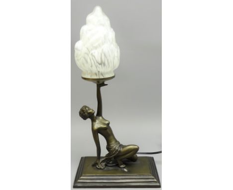 Art Deco style bronzed figural table lamp with glass shade, H41cm   Condition Report   Click here for further images, conditi