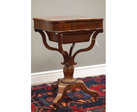 Regency rosewood sewing box, shaped top inlaid with brass and enamel work, hinged lid revealing combination of trinket compar