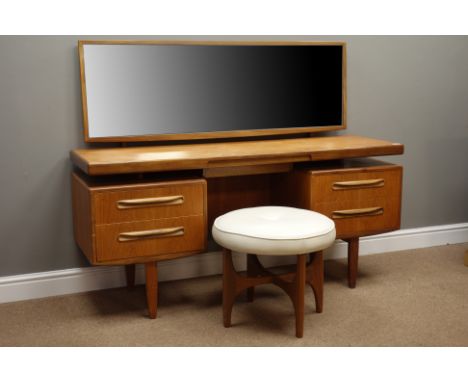 G-Plan teak dressing table with rectangular mirror back and four drawers and circular stool (damaged base), W152cm, H120cm, D